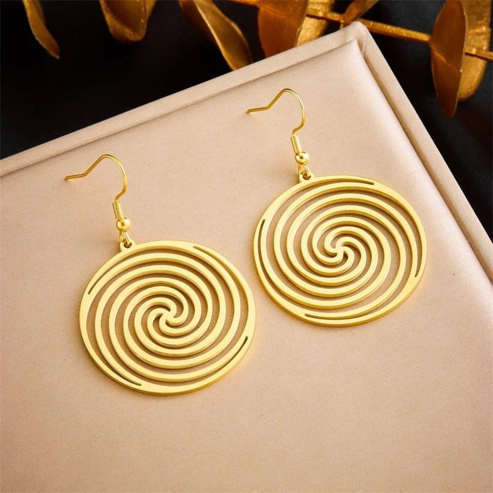 Gold‎ Spiral Swirl Dangle Stainless Steel Earrings Round Hypoallergenic
